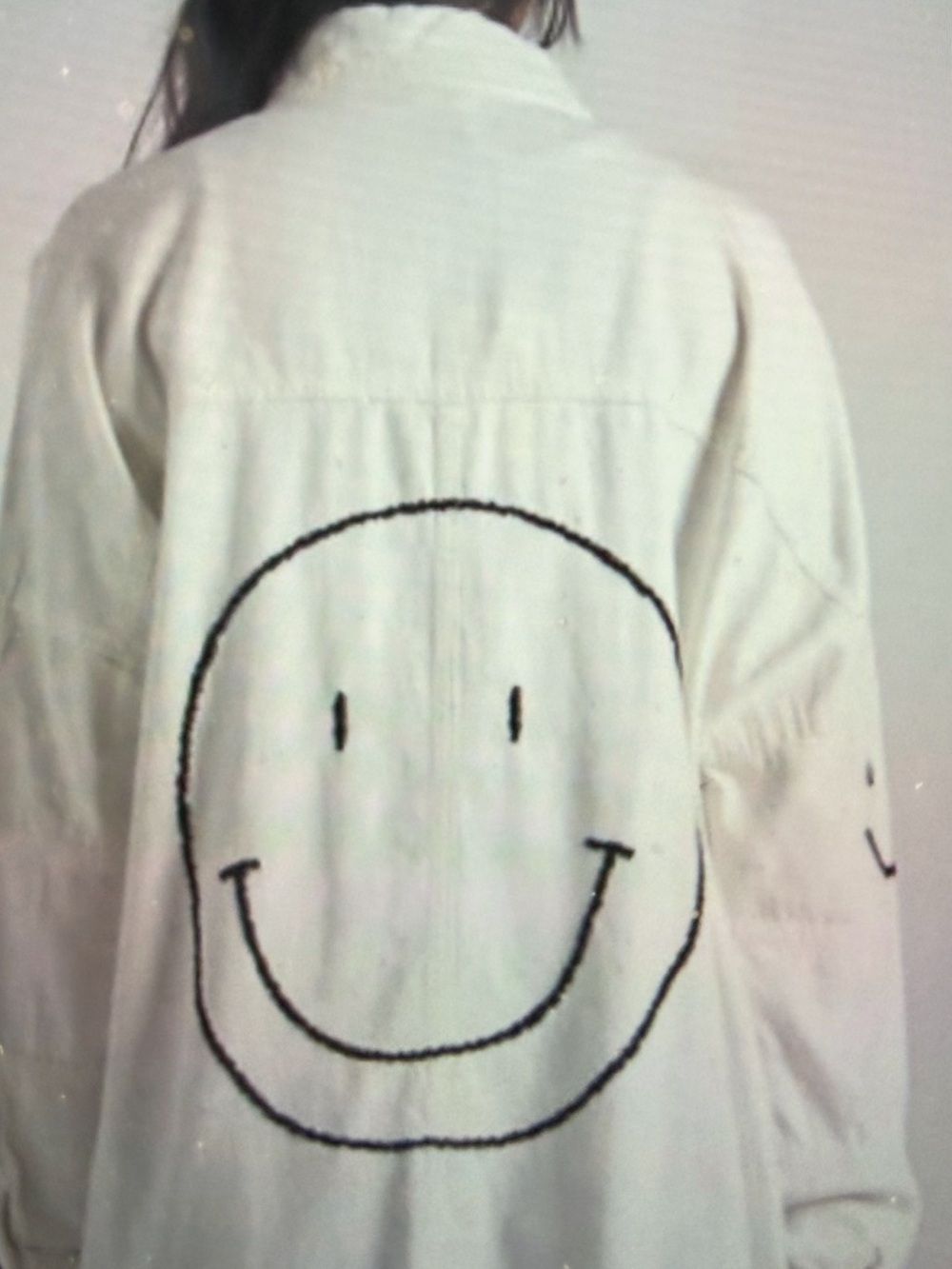Elan-Smiley Face Embroidered Button-Up Shirt Jacket - White-NWT Size L